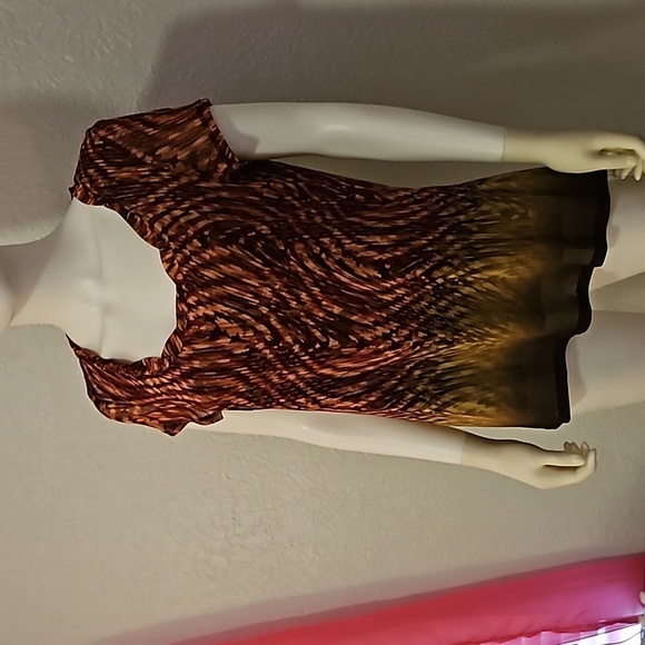 3/$30 Vtg AXCESS Brown Ombre Swirl Mesh Overlay Short Sleeve Scoop Neck Blouse - Picture 3 of 9